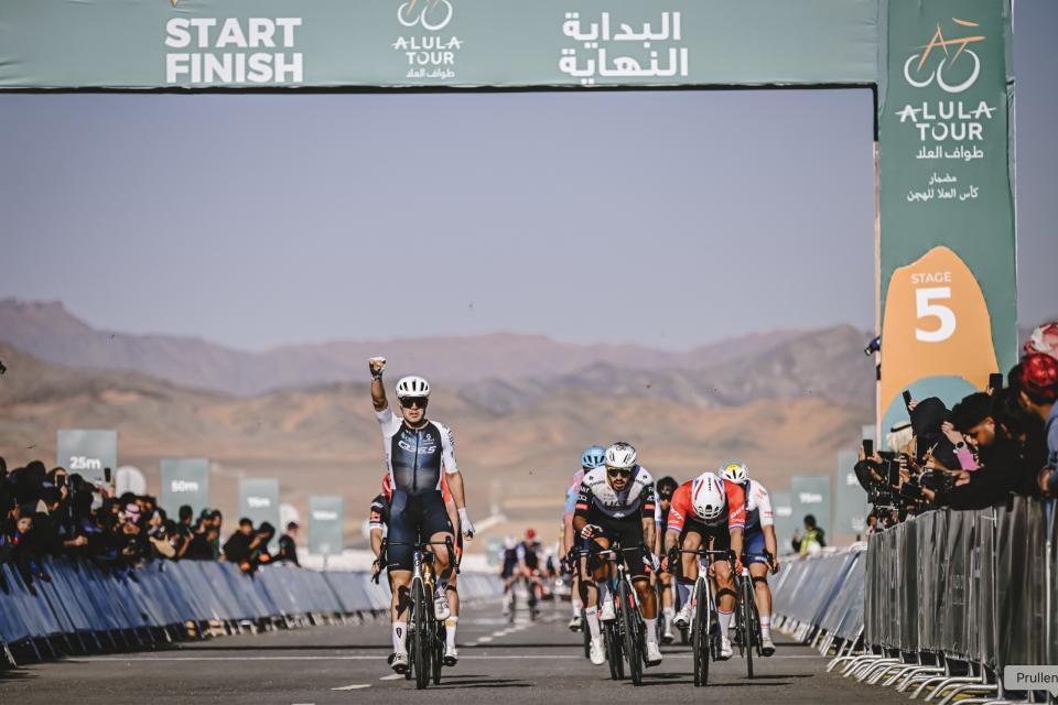 Finishphoto of Matteo Moschetti winning AlUla Tour Stage 5.
